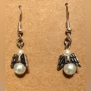 Pearl Angel Wing Drop Earrings Silver tone NWT